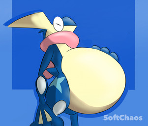 after_vore ambiguous_gender belly big_belly blue_arms blue_background blue_legs feral long_tongue simple_background solo tan_belly tan_ears tongue vore softchaos nintendo pokemon generation_6_pokemon greninja pokemon_(species) 2025 hi_res watermark