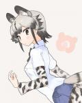 black_eyes black_hair black_spots blush bottomwear bow_(feature) bow_tie clothed clothing denim denim_clothing female grey_hair hair inner_ear_fluff legwear multicolored_hair pattern_clothing pattern_legwear shirt shorts solo spots spotted_clothing spotted_legwear topwear tuft white_spots uasi kemono_friends african_wild_dog_(kemono_friends) african_wild_dog_humanoid animal_humanoid canid canid_humanoid canine canine_humanoid humanoid mammal mammal_humanoid 4:5 hi_res