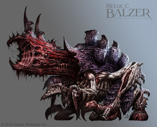ambiguous_gender claws exoskeleton grey_background hooves horn looking_at_viewer multi_limb purple_body red_body sharp_teeth simple_background solo teeth text weapon helge_c_balzer warhammer_(franchise) warhammer_40000 alien animate_inanimate exocrine living_weapon tyranid 2014 english_text official_art url
