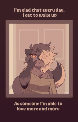 anthro blonde_hair breasts brown_body brown_clothing brown_ears brown_fur brown_hair brown_tail clothing dark_body dark_ears dark_fur dark_tail eyelashes female first_person_view freckled_face freckles fur fur_markings gender_euphoria hair hair_over_eye looking_at_mirror looking_at_object markings mirror multicolored_body multicolored_fur multicolored_hair orange_eyes orange_sclera solo tail text two_tone_body two_tone_fur two_tone_hair two_tone_tail yellow_tail conditional_dnp welwraith erin_(welwraith) gulonine mammal marten mustelid musteline sable_(marten) 2026 digital_drawing_(artwork) digital_media_(artwork) english_text hi_res nonbinary_(lore)