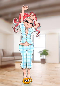 blurred_background breasts cleavage clothed clothing female footwear midriff pajamas photo_background pseudo_hair shoes slippers solo stretching tentacle_hair tentacles koharuno2 nintendo splatoon agent_8_(splatoon) aquatic cephalopod humanoid mollusk octarian octoling hi_res mixed_media photography_(artwork)