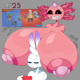 anthro big_breasts blush braces breasts cross-popping_vein duo female huge_breasts male pasties pink_body pink_eyes white_body lokbunny17 brawl_stars supercell_(company) lok_bunny amphibian axolotl lagomorph leporid mammal marine mole_salamander rabbit salamander hi_res
