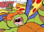 accident accidental_vore anthro comic eyes_closed feet food furniture green_body green_skin hotbrotkuroi leonardo_(tmnt) male male/male male_pred male_prey michelangelo_(tmnt) micro open_mouth oral_vore pizza reptile scalie size_difference sofa teenage_mutant_ninja_turtles toes tongue tongue_out turtle unaware_pred vore