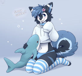 accessory anthro blue_clothing blue_collar blue_thong blue_underwear blush bulge cheek_tuft clothed clothing collar cropped_hoodie facial_tuft fangs flower flower_in_hair fur hair hair_accessory inner_ear_fluff kneeling legwear long_sleeves looking_away male multicolored_body multicolored_fur navel pantsless pattern_clothing pattern_legwear pattern_stockings plant plushie short_hair shy shy_smile smile solo stockings striped_clothing striped_legwear striped_stockings stripes teeth text thong tuft underwear fleurfurr canid canine canis domestic_dog husky mammal nordic_sled_dog spitz english_text hi_res