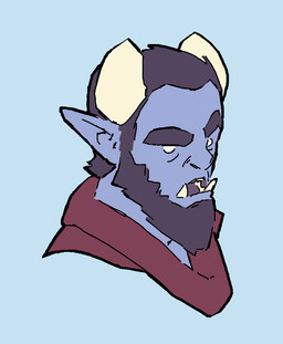 2_horns beard blue_background blue_body clothing empty_eyes eyebrows facial_hair front_view hair head_horn horn humanoid_pointy_ears looking_aside male open_mouth pointy_ears purple_beard purple_eyebrows purple_facial_hair purple_hair purple_tongue raised_eyebrow red_clothing red_topwear simple_background solo thick_eyebrows tongue tongue_showing topwear tusks underbite kingarthur_i humanoid 2023 bust_portrait digital_drawing_(artwork) digital_media_(artwork) hi_res portrait
