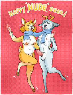 alcohol animal_genitalia animal_penis balls beverage champagne drunk duo erect_nipples erection female femboy fur fuzzy_balls genitals grey_body grey_fur hand_on_butt hand_on_hip hooves male male/female markings nipples penis slightly_chubby spots spotted_body spotted_fur spotted_genitalia spotted_penis substance_intoxication tail thick_thighs tongue tongue_out yellow_body yellow_fur dirtballrun deer mammal absurd_res hi_res