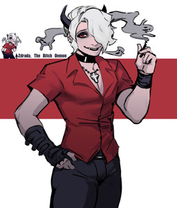 belt cigarette clothed clothing cross cross_necklace crossgender dual_persona ear_piercing ear_ring female fingerless_gloves ftm_crossgender gloves hair handwear horn jewelry looking_at_viewer male necklace not_furry piercing profanity red_eyes ring_piercing simple_background smoking solo suit text white_hair dopq helltaker zdrada_(helltaker) demon humanoid english_text hi_res