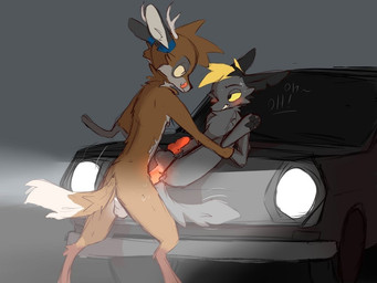animal_genitalia animal_penis anthro antlers canine_genitalia canine_penis car duo equine_genitalia fur genitals grey_body grey_fur horn male male/male penis simple_background vehicle =djoyk= djoyk vi-bellum_(hyilpi) canid canine fox mammal