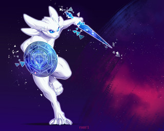 3_toes 5_fingers ambiguous_gender anthro blue_eyes feet fingers fur holding_melee_weapon holding_object holding_sword holding_weapon looking_at_viewer melee_weapon nude shield solo sword toes weapon white_body white_fur kyander valorice lagomorph mammal transcender 2018 5:4 digital_media_(artwork)