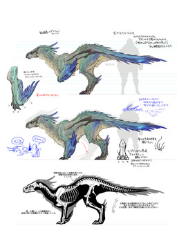 ambiguous_gender blue_body bone claws feathered_wings feathers feral green_body side_view simple_background skeleton solo standing tail text white_background wings x-ray_view unknown_artist capcom monster_hunter bird_wyvern seikret absurd_res hi_res japanese_text official_art translation_request