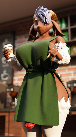 animal_genitalia animal_penis anthro apron apron_only big_breasts breasts brown_body brown_fur clothing coffee_cup coffee_shop container cup equine_genitalia equine_penis eyebrows flaccid fur genitals green_apron green_clothing gynomorph hair horn intersex multicolored_hair pen penis purple_eyes solo text two_tone_hair white_eyebrows wool_(fur) zelferry warfaremachine_(modeler) warfare_goat bovid caprine goat mammal 2025 3d_(artwork) absurd_res blender_(artwork) digital_media_(artwork) film_grain hi_res signature url