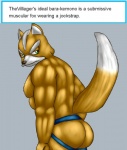 anthro butt clothing jockstrap looking_back male muscular muscular_anthro muscular_male presenting presenting_hindquarters solo text underwear thevillager nintendo star_fox fox_mccloud canid canine fox mammal english_text