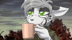 anthro clothed clothing container cup drinking fangs front_view fully_clothed fur green_eyes hair holding_container holding_cup holding_object hot_drink male outside smile solo spots teeth ripli a_story_with_a_known_end sint_(hfd4) cheetah felid feline mammal vampire bust_portrait digital_media_(artwork) meme portrait