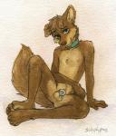 4_toes anthro balls biped blue_eyes brown_body brown_fur chastity_cage chastity_device collar eyebrows feet fur genitals lock looking_at_viewer male nipples nude padlock pawpads paws sitting solo toes sicklyhypnos jacobgsd canid canine canis domestic_dog mammal 2016 colored_pencil_(artwork) traditional_media_(artwork)