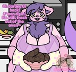 anthro apron big_breasts bowl_of_fruit breasts chest_tuft clothing feces female grey_background hair heart_eyes heart_symbol herm intersex kitchen_counter kuro_(afoxcalleddunken) mostly_nude neck_tuft overweight purple_body purple_eyes short_hair simple_background solo speech_bubble text transparent_tail tuft yellow_sclera luvugirl domestic_cat felid feline felis lynx mammal hi_res