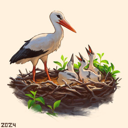 ambiguous_gender beak black_beak black_eyes black_markings black_wings feathers feral group leaf markings nest plant red_beak simple_background standing stick_nest white_background white_body white_feathers wings alexpahomov avian bird stork white_stork 1:1 2024 digital_media_(artwork) digital_painting_(artwork) painting_(artwork)