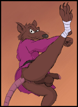 anthro anus balls black_border border bottomless brown_body brown_fur butt clothed clothing fur genitals humanoid_genitalia humanoid_penis looking_at_viewer male penis robe robe_only solo tail cintoon teenage_mutant_ninja_turtles master_splinter mammal murid murine rat rodent hi_res