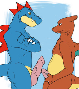 animal_genitalia anthro big_penis blue_background claws comparing comparing_penis duo erection genitals holding_penis humanoid_genitalia humanoid_penis looking_down male male/male membrane_(anatomy) membranous_wings nude orange_body orange_skin penis penis_size_difference pink_penis simple_background size_difference smile tail teeth vein wings yellow_eyes seductivefeline mythology nintendo pokemon charizard dragon feraligatr generation_1_pokemon generation_2_pokemon mythological_creature mythological_scalie pokemon_(species) reptile scalie 2014