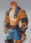 abs anthro belt biceps blue_bottomwear blue_clothing blue_shorts bottle bottomwear clothing container deltoids elbow_pads fingerless_gloves fur gloves hair hand_wraps handwear knee_pads looking_at_viewer male muscular muscular_anthro muscular_male obliques orange_body orange_fur pecs red_hair shorts solo standing striped_body striped_fur stripes towel towel_around_neck water_bottle wraps wrist_wraps ixkouu super_buckyball_tournament samba_(sbt) felid mammal pantherine tiger 2022 hi_res