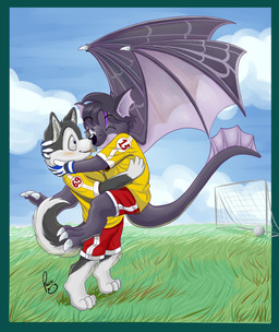 anthro anthro_on_anthro ball blue_eyes blue_sky bottomwear clothed clothing cloud duo french_kissing fur glistening glistening_eyes grey_body grey_fur grey_wings hug kissing male male/male membrane_(anatomy) membranous_wings outside red_bottomwear red_clothing red_shorts shirt shorts side_view sky soccer_ball standing t-shirt topwear white_body white_fur wings yellow_clothing yellow_shirt yellow_t-shirt yellow_topwear young young_anthro young_male pandapaco mythology canid canine canis domestic_dog dragon husky mammal mythological_creature mythological_scalie nordic_sled_dog scalie spitz absurd_res hi_res