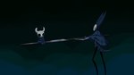 2024 2_horns absurd_res arthropod black_eyes black_legs blue_cloak blue_clothing cloak clothing digital_media_(artwork) duo female hi_res holding_object holding_weapon hollow_knight horn insect looking_at_another mantis mantis_lord_(hollow_knight) nail_(weapon) nonbinary_(lore) sharpski sitting sitting_on_weapon standing tail team_cherry the_knight_(hollow_knight) vessel_(species) weapon