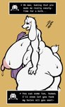 anthro big_breasts big_butt bodily_fluids breasts butt dialogue dialogue_box female hairy huge_breasts huge_butt inviting inviting_to_sex obese overweight profanity side_view simple_background solo speech_bubble sweat sweatdrop talking_to_viewer text dickergazer undertale undertale_(series) toriel bovid caprine goat mammal absurd_res english_text hi_res