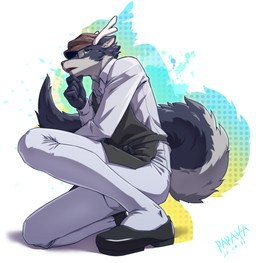 abstract_background anthro antlers black_body black_clothing black_footwear black_fur black_shoes bottomwear brown_clothing brown_hat brown_headwear bulge cheek_tuft clothed clothing eyewear facial_tuft flats_(shoes) fluffy fluffy_tail footwear fur glasses glistening glistening_eyes green_eyes grey_body grey_bottomwear grey_clothing grey_fur grey_pants grey_topwear hat headgear headwear horn kneeling looking_at_viewer male on_one_knee open_mouth pants rectangular_glasses shoes solo tail topwear tuft white_antlers papayafurry canid canine canis hybrid mammal wolf 2022 dated full-length_portrait hi_res portrait