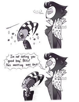 2_panel_comic 4_eyes angry anthro beak bodily_fluids clothing cross-popping_vein crying dialogue duo feather_hair feathers good_boy horn male multi_eye profanity pseudo_hair sad simple_background sparkles speech_bubble striped_horn stripes suit tears text white_background norithelord hellaverse helluva_boss i'm_not_calling_you_"good_boy" blitzo_(helluva_boss) stolas_(helluva_boss) avian avian_demon bird demon humanoid imp owl owl_demon 2024 artist_name comic english_description english_text greyscale hi_res meme monochrome watermark