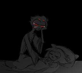 aftermath anthro bathrobe bed bedding black_background blanket bodily_fluids clothing crying duo eyes_closed female frown furniture hair hand_on_head long_hair looking_down male pillow red_eyes robe sad short_hair simple_background slap sleeping tears teathekook hellaverse helluva_boss octavia_(helluva_boss) stolas_(helluva_boss) avian bird owl owl_demon hi_res