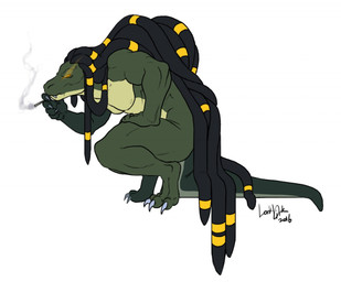 anthro biceps cigarette claws countershading crouching dreadlocks glowing glowing_eyes hair long_hair male nipples nude pecs resting simple_background smoking solo teeth thick_thighs toe_claws white_background yellow_eyes lorddirk ikshun alligator alligatorid crocodilian reptile scalie 2016