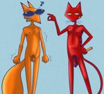 annoyed anthro comparing comparing_penis duo eyewear flaccid foreskin genitals grin male male/male nipples nude penis penis_size_difference pinching_gesture pubes ruler smile smug sunglasses illegaleel cartoon_network courage_the_cowardly_dog katz_(courage_the_cowardly_dog) the_cajun_fox canid canine felid mammal hi_res