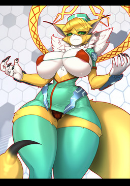 anthro areola big_breasts black_bars blonde_hair blush bottomwear breasts claws clothed clothing female fur green_eyes hair headgear headwear huge_breasts legwear looking_at_viewer looking_down looking_down_at_viewer multicolored_body multicolored_fur nurse_clothing nurse_headwear panties pink_areola red_bikini_top skimpy skindentation skirt solo stinger tail teal_bottomwear teal_clothing teal_legwear teal_skirt teal_thigh_highs thick_thighs thigh_highs two_tone_body two_tone_fur underwear upskirt white_body white_fur wide_hips yellow_body yellow_fur maned_kitsune bandai_namco digimon digimon_(species) domestic_cat felid feline felis maine_coon mammal meicrackmon meicrackmon_normal_mode 2025 hi_res letterbox