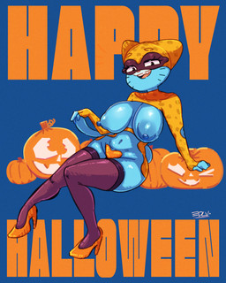 anthro areola big_areola big_breasts big_nipples blue_body blue_fur breasts clothed clothing female food footwear fruit fur happy_halloween high_heels holidays huge_areola huge_breasts huge_nipples jack-o'-lantern looking_at_viewer mature_anthro mature_female navel nipples open_mouth open_smile plant pumpkin shoes simple_background smile smiling_at_viewer solo edalv cartoon_network halloween the_amazing_world_of_gumball nicole_watterson domestic_cat felid feline felis mammal 2025 4:5 absurd_res hi_res