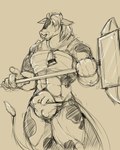 anthro barbarian clothed_female cowbell cowbell_collar facial_piercing female gesture hair hammer hand_gesture holding_object holding_weapon horn nose_piercing nose_ring piercing pointing ring_piercing solo tail teats tools udders warhammer weapon pandottermon bovid bovine cattle mammal 4:5