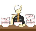 anthro arm_on_table bowl brown_hair chopsticks clock clothing container dress_shirt ear_piercing eating eating_food eyes_closed female food furniture hair noodles piercing ramen shirt simple_background solo steam table tomboy topwear watch white_background white_hair redxbacon hasbro my_little_pony note_clip_(oc) earth_pony equid equine horse mammal pony