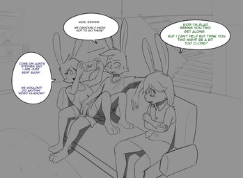 accusation anthro award bodily_fluids clothing dialogue female freckles furniture group hand_on_belly implied_incest lying male markings mole_(marking) on_back on_top_of_another picture_frame rug shirt sofa speech_bubble stairs sweat tank_top text topwear trio trophy agidyne playstation playstation_portable sony_corporation sony_interactive_entertainment rose_(agidyne) stephen's_mom_(agidyne) stephen_(agidyne) lagomorph leporid mammal rabbit english_text hi_res cousins_(lore) mother_(lore) mother_and_child_(lore) mother_and_son_(lore) parent_(lore) parent_and_child_(lore) parent_and_son_(lore) son_(lore)