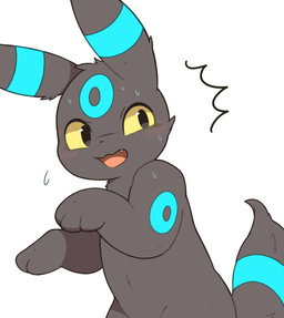 ambiguous_gender bioluminescence black_eyes blue_body blush bodily_fluids cute_fangs emanata fangs feral fur glowing grey_body grey_fur open_mouth paws simple_background solo sweat sweatdrop tail teeth tongue white_background yellow_sclera inukami_hikari nintendo pokemon eeveelution generation_2_pokemon pokemon_(species) shiny_pokemon umbreon 2026 digital_media_(artwork) hi_res reaction_image