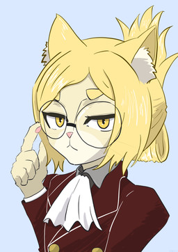 anthro ascot blonde_hair clothed clothing collared_shirt dress_shirt ear_tuft eyewear female fur glasses hair multicolored_body multicolored_fur shirt solo tan_body tan_fur topwear tuft two_tone_body two_tone_fur whiskers yellow_eyes kitami_inari hitoner miss_tonerico domestic_cat felid feline felis mammal 2024 absurd_res digital_media_(artwork) hi_res