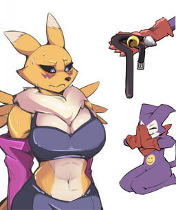 5_fingers abs anthro arm_tuft armwear begging bell bell_collar black_collar black_nose black_sclera blue_eyes blush blush_lines bodily_fluids bra breasts buttplug buttplug_tail cheek_tuft clothed clothing collar dipstick_ears duo ear_markings eyes_closed facial_markings facial_tuft fake_tail female fingers fur gloves handwear head_markings holding_object kerchief male markings midriff multicolored_body multicolored_ears multicolored_fur navel neck_tuft neckerchief neckwear plug_(sex_toy) purple_armwear purple_body purple_clothing purple_markings red_clothing red_gloves red_handwear sex_toy shoulder_tuft simple_background smiley_face standing sweat tail tan_body tan_fur tuft underwear white_background yellow_eyes zinnick bandai_namco digimon canid canine digimon_(species) fox imp impmon mammal renamon 2022 hi_res meme