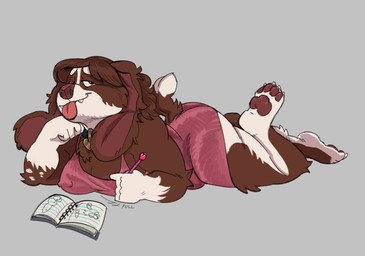 anthro big_breasts big_butt breasts butt clothed clothing collar drawing_(action) drawing_(object) dress female flashing flashing_breasts lying lying_on_breasts nipple_slip on_front pawpads short_dress solo thick_thighs tongue tongue_out azaroteu bird_dog canid canine canis cavalier_king_charles_spaniel domestic_dog hunting_dog mammal spaniel toy_dog