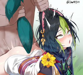 anal anal_penetration blush butt clothed clothing duo ear_grab ear_pull faceless_character faceless_male femboy from_behind_position heart_eyes heart_symbol human_on_humanoid human_penetrating human_penetrating_humanoid humanoid_penetrated interspecies male male/male male_penetrated male_penetrating male_penetrating_male penetration sex standing_doggystyle tail tail_pull jjw00123 genshin_impact mihoyo tighnari_(genshin_impact) animal_humanoid human humanoid mammal