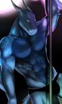 anthro bedroom_eyes blue_body bulge clothed clothing horn looking_at_viewer male muscular muscular_anthro muscular_male narrowed_eyes navel pole purple_eyes seductive simple_background skimpy smile solo stripper_pole underwear tipsycanvas mizutatsu_tsunami lizard reptile scalie 2019 3:5 alternate_version_at_source hi_res