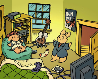 ambiguous_gender amplifier annoyed anthro backwards_baseball_cap backwards_hat baseball_cap bass_guitar bean_bag brown_body brown_fur clock clothing compact_disc controller digital_clock door duo electronics footwear fur game_controller guitar hat headgear headwear inside jewel_case lazy mattress messy_room musical_instrument necktie plucked_string_instrument poster semi-anthro shelf shirt simple_eyes sitting sock_on_floor socks string_instrument suit_jacket t-shirt tank_top text text_on_clothing text_on_shirt text_on_tank_top text_on_topwear topwear window will_quinn american_idiot_(album) green_day lagomorph leporid mammal rabbit 2025 english_description father_(lore) father_and_child_(lore) father_and_son_(lore) male_(lore) parent_(lore) parent_and_child_(lore) parent_and_son_(lore) son_(lore)