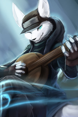 acoustic_guitar anthro black_clothing black_nose black_topwear blue_eyes brown_clothing brown_gloves brown_handwear cheek_tuft clothed clothing facial_tuft fur gloves guitar handwear looking_at_viewer male mouth_closed musical_instrument one_eye_closed playing_guitar playing_music plucked_string_instrument simple_background sitting solo string_instrument topwear tuft wearing_hat whiskers white_body white_fur kuttoyaki absurd_res hi_res