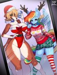 5_fingers anthro belt big_breasts biped blonde_eyebrows blonde_hair blue_body blue_collar blue_eyebrows blue_eyes blue_feathers blue_fur blue_wings bottomwear bow_ribbon breasts brown_body brown_ears brown_fur brown_nose brown_tail camel_toe choker christmas_clothing christmas_headwear cleavage clothed clothing collar duo electronics eyebrows eyelashes fake_antlers fake_ears fake_horns feathered_wings feathers female fingers fluffy fluffy_tail fur gloves_(marking) hair hand_on_hip hat headgear headwear holding_object holding_phone holidays jewelry larger_anthro larger_female leg_markings legwear leotard long_tail looking_at_viewer markings mirror mirror_selfie multicolored_body multicolored_fur multicolored_hair multicolored_tail necklace phone purple_eyes rainbow_hair rainbow_tail red_choker red_jewelry red_necklace santa_hat selfie size_difference skirt smaller_anthro smaller_female smile socks_(marking) standing stockings sweater tail thick_thighs thigh_highs topwear two_tone_body two_tone_fur two_tone_tail white_body white_fur white_tail wide_hips wings yellow_sclera frozenartifice christmas friendship_is_magic hasbro my_little_pony mythology rainbow_dash_(mlp) silent_rain borzoi canid canine canis domestic_dog equid equine hunting_dog mammal mythological_creature mythological_equine pegasus sighthound 2024 absurd_res digital_drawing_(artwork) digital_media_(artwork) hi_res signature