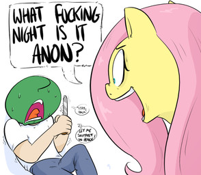 ?_face bodily_fluids clothed clothing dialogue duo exclamation_point female knife open_mouth profanity scared shaking shivering simple_background sweat teeth text tongue vulgar white_background wide_eyed wings yelling shoutingisfun friendship_is_magic hasbro my_little_pony mythology anon fluttershy_(mlp) equid equine horse human mammal mythological_creature mythological_equine pegasus pony 2017 english_text