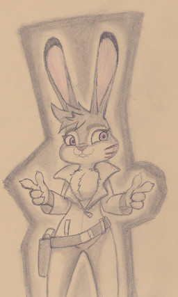 alternate_universe anthro bite biting_lip dewlap_(anatomy) ears_up female gesture gun hand_gesture looking_away pointing ranged_weapon scar solo weapon spoof_(artist) disney zistopia zootopia judy_hopps lagomorph leporid mammal rabbit graphite_(artwork) traditional_media_(artwork)