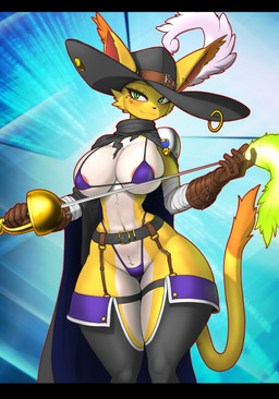 anthro areola bandage big_breasts bikini black_bars blush breasts brown_clothing brown_gloves brown_handwear cloak clothed clothing ear_piercing ear_ring ears_through_headwear facial_piercing fedora female fur garter_straps gloves green_eyes handwear hat headgear headwear legwear looking_at_viewer melee_weapon multicolored_body multicolored_fur piercing pink_areola purple_bikini purple_clothing purple_swimwear rapier ring_piercing skimpy solo swimwear sword tail thigh_gap thigh_highs two-piece_swimsuit two_tone_body two_tone_fur weapon white_body white_fur wide_hips yellow_body yellow_fur maned_kitsune bandai_namco digimon digimon_(species) felid feline mammal nyabootmon 2025 hi_res letterbox