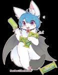 anthro blue_hair blush eating food fur hair jewelry kemono necklace nude open_mouth outline pawpads popsicle purple_eyes simple_background smile solo text transparent_background white_body white_fur chikorita_moon arctic_fox bat canid canine fox hybrid mammal true_fox 2019 alpha_channel english_text hi_res