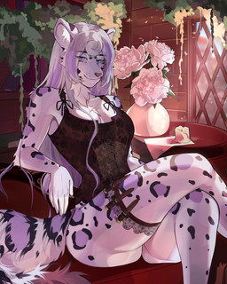 anthro blue_eyes candle clothing corset female flower furniture inside knife lingerie looking_at_viewer plant sitting smile solo table topwear window irushi000 felid mammal pantherine snow_leopard absurd_res hi_res
